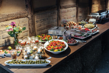 Delicious buffet at a garden party wedding reception - obrazy, fototapety, plakaty