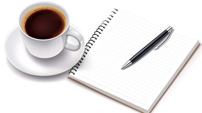 Showcase productivity during coffee breaks with this image of a coffee cup, notebook, and pen, suitable for marketing workspace products.
