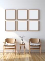 Interior of modern living room with white walls, wooden floor, brown armchairs and mock up poster frames. 3d rendering