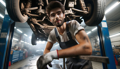 Young cheerful mechanic in overalls under a car raised on hydraulics in a professional repair garage - obrazy, fototapety, plakaty
