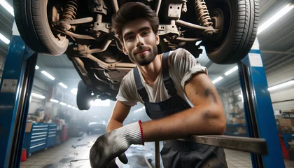 Fotobehang Young cheerful mechanic in overalls under a car raised on hydraulics in a professional repair garage © Sunshine Design