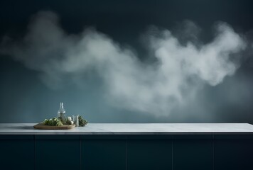 Empty kitchen countertop with smoke on dark background. Mock up, 3D Rendering