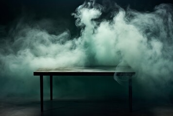 Empty wooden table on dark background with smoke. Mock up for design