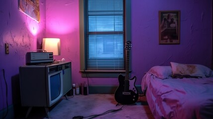 An old small room with vintage TV, purple and blue room, created with Generative Ai technology.