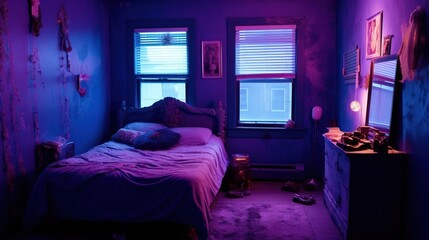 An old small room with vintage TV, purple and blue room, created with Generative Ai technology.