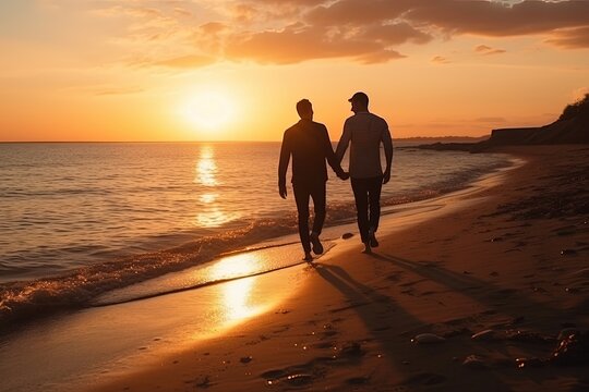 Gay couple on beach during sunset. Summer vacation together. Love, ocean, male couple walking in nature. Romantic moment of a loving couple. Homosexual relationships concept.