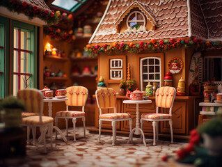 A tea room with a whimsical gingerbread house. generative ai  