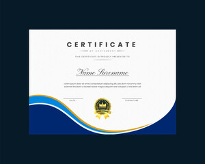 Vintage achievement certificate template vector, professional design in blue and golden color.
