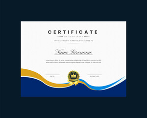 Vintage achievement certificate template vector, professional design in blue and golden color.