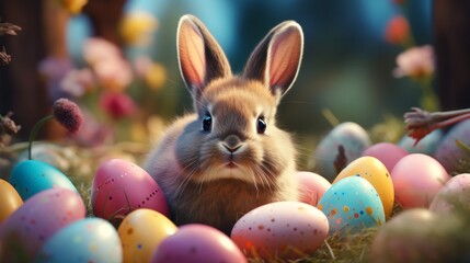 Fototapeta na wymiar Photo of a cute rabbit surrounded by a colourful field of Easter eggs created with Generative AI technology