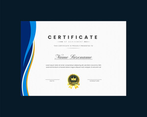 Vintage achievement certificate template vector, professional design in blue and golden color.