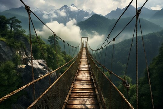 Suspension bridge in mountains. Generative AI