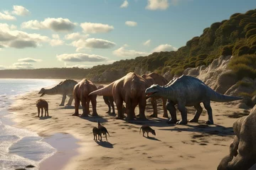 Keuken spatwand met foto A group of iguanodon dinosaurs gather together near a beach. Generative AI © Ilya