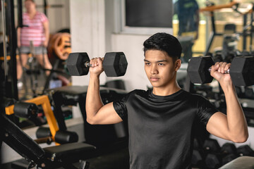 A young asian man looking focused while doing a set of seated dumbbell presses at the gym. Shoulder workout and training. - obrazy, fototapety, plakaty