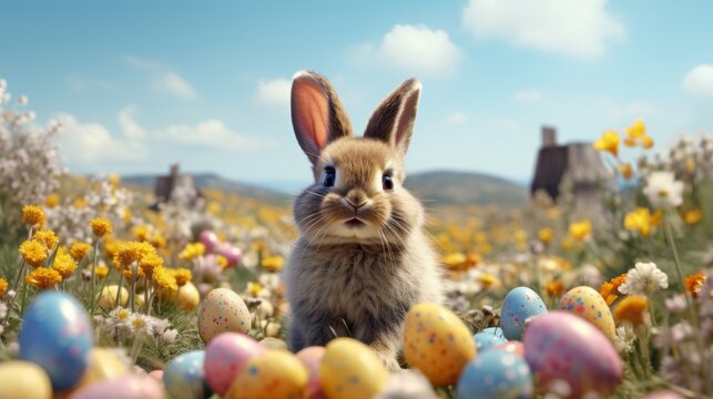 Photo of a cute rabbit surrounded by a colourful field of Easter eggs created with Generative AI technology