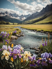 Fantasy landscape of A mountain landscape with flowers and a stream