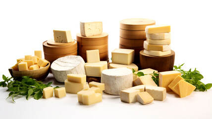 Dive into a collection of farmhouse cheese wheels and blocks, thoughtfully displayed for your culinary enjoyment.