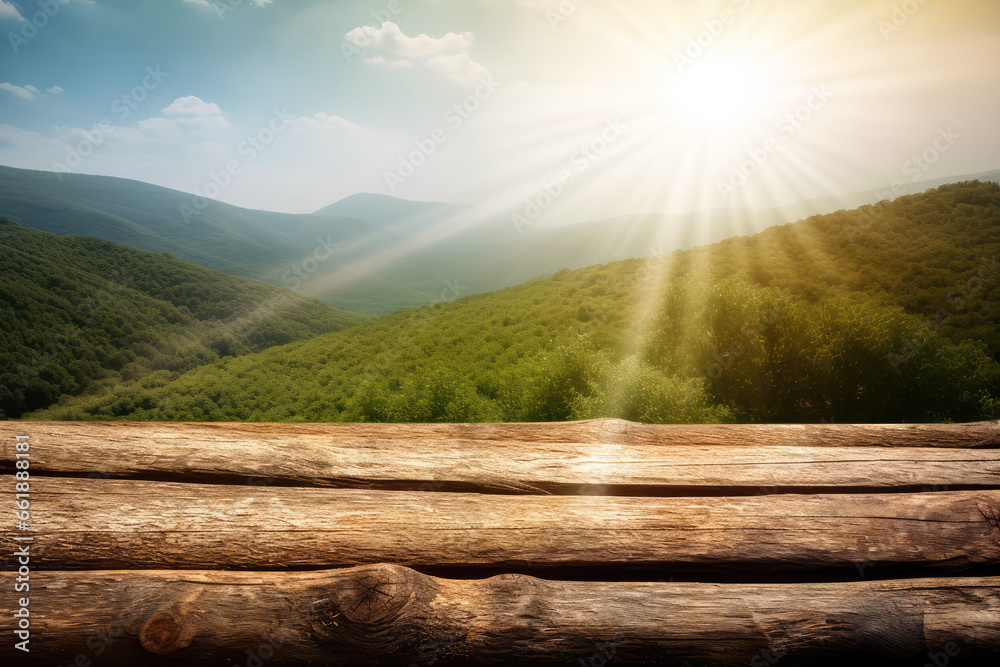 Poster empty table for product display montages with green mountain and sunlight background. high quality p