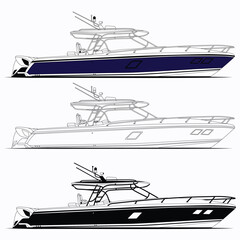 Fototapeta premium Side view fishing boat vector line art and one color