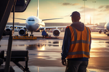 Airport ground crew worker checking airplane - obrazy, fototapety, plakaty