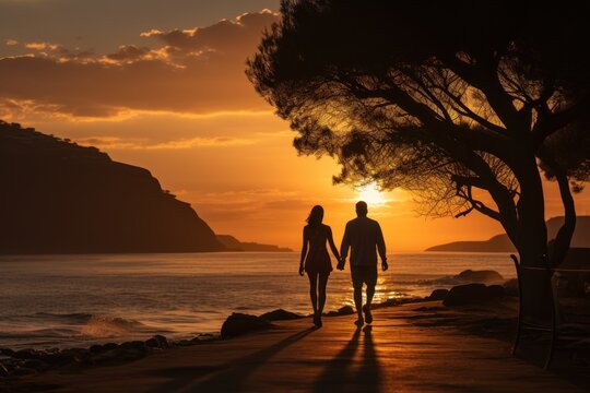 Romantic moment of a loving couple. Loving couple on beach during sunset. Summer vacation together. Love, ocean, couple walking in nature.