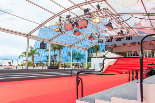Red carpet stairway at Palais des Festivals (Palace of Festivals and Congresses of Cannes) during 76th Annual International Film Festival de Cannes, France