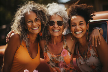 Happy multiracial senior women having fun in the park. Generative Ai
