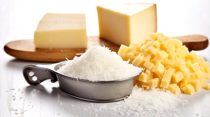 Discover the close-up of a cheese grater and freshly grated cheese, an essential kitchen tool.