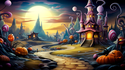 Step into a candyland dreamscape for Halloween, where sweet delights, magic, and colorful fun await your imagination.