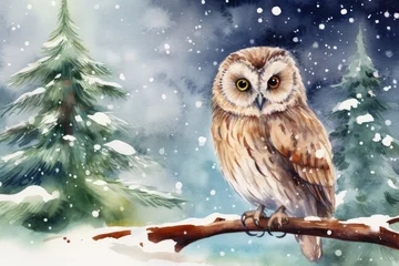 Poster Dessins animés de hibou Watercolor owl sitting on branch of christmas tree with falling snow and light background. Winter wallpaper. Christmas. Happy New Year. Celebration. Digital Illustration