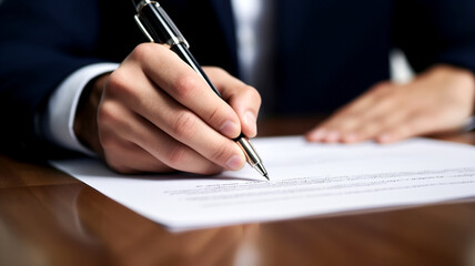 A close-up of a hand signing an important document with a pen, creating a unique signature. - obrazy, fototapety, plakaty