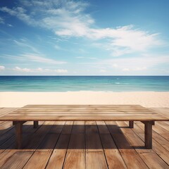 Fototapeta premium Empty wooden table and beach on a clear day