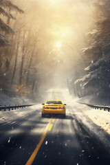 highway in winter in deep forest, giant trees, twig framing, snow falling, red car on the road, beautiful dreamy light, hyper realistic,