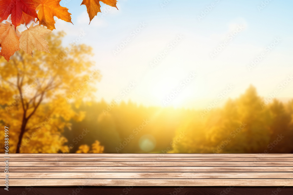 Poster empty wooden table over blurred autumn forest background. ready for product display montage. high qu