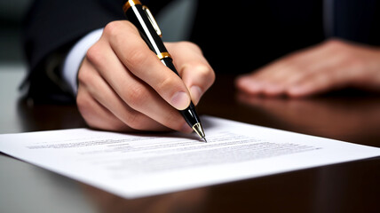 Close-up of a hand signing a legal document with a pen, solidifying agreements with a distinct signature.