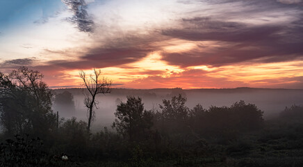 Panorama.Morning fog at sunrise over the Suprasl River in Podlasie.
