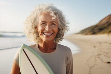 Healthy lifestyle concept - happy smiling mature woman standing on the beach with a surfboard.