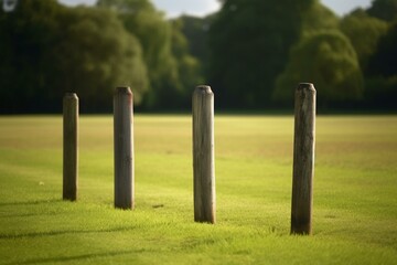 Three slender wooden posts in a cricket field. Generative AI