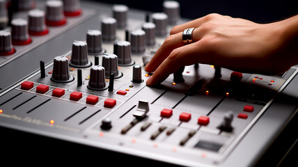 Get a close-up view of a hand expertly adjusting the volume control, fine-tuning sound levels during a precise mixing process. - obrazy, fototapety, plakaty