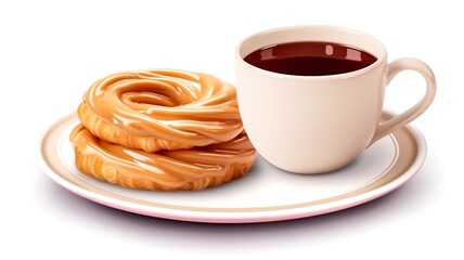 Delight in a morning treat with this image featuring a coffee cup, pastry, and saucer, perfect for marketing breakfast products.