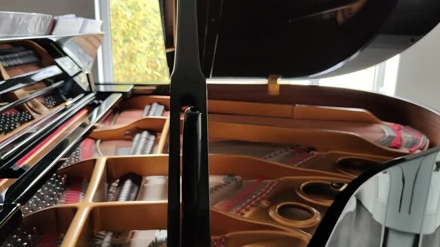 Woman playing a Grand Piano and singing with feeling,while practicing and rehearsing a song at home.