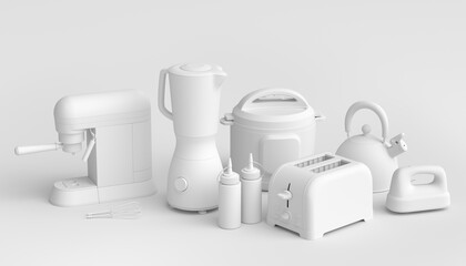 Mixer and bowl with kitchen utensil for preparation of dough on white