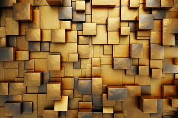 Elegant rectangle wall backdrop adorned with golden blocks creating a luxurious 3D tiled wallpaper. Generative AI