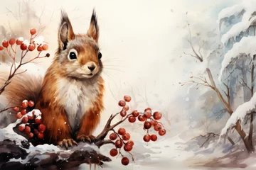 Fotobehang A painting of a squirrel sitting on a tree branch. WIntertime card design. © Friedbert