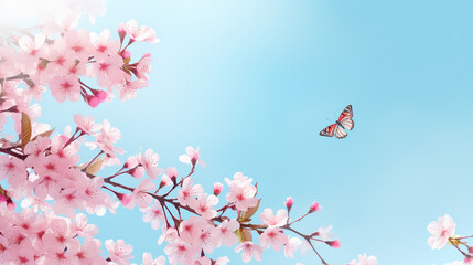pink cherry blossoms with butterfly on blue sky 