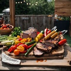 Meat and vegetables on grill. Generative AI.