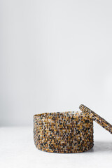 Beaded storage container with lid, Jewelry storage container made with brown glass beads