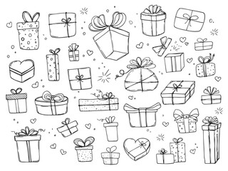 Hand drawn gift boxes set in doodle style. Isolated vector