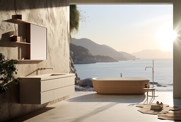 Bathroom interior with sea view and sunlight. 3D Rendering