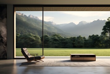 Modern living room interior design with wooden floor, panoramic window, armchair and mountain view. 3D Rendering